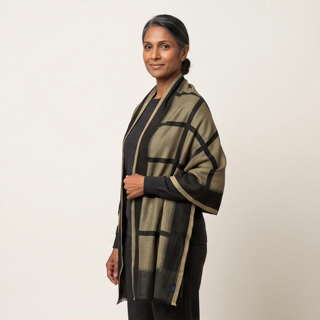 Reversible Pure Wool Zari Grid Shawl – Noir Black & Antique Gold Windo ...
