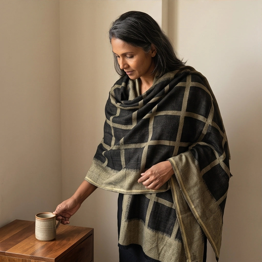 Reversible Pure Wool Zari Grid Shawl – Noir Black & Antique Gold Windo ...
