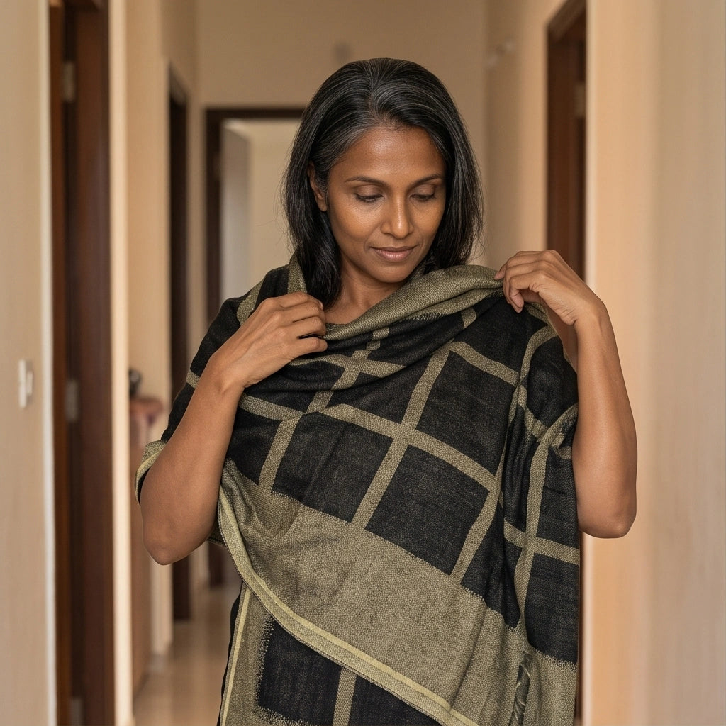 Reversible Pure Wool Zari Grid Shawl – Noir Black & Antique Gold Windo ...