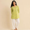 Olive Lime Gingham Embroidered Cotton Kurti